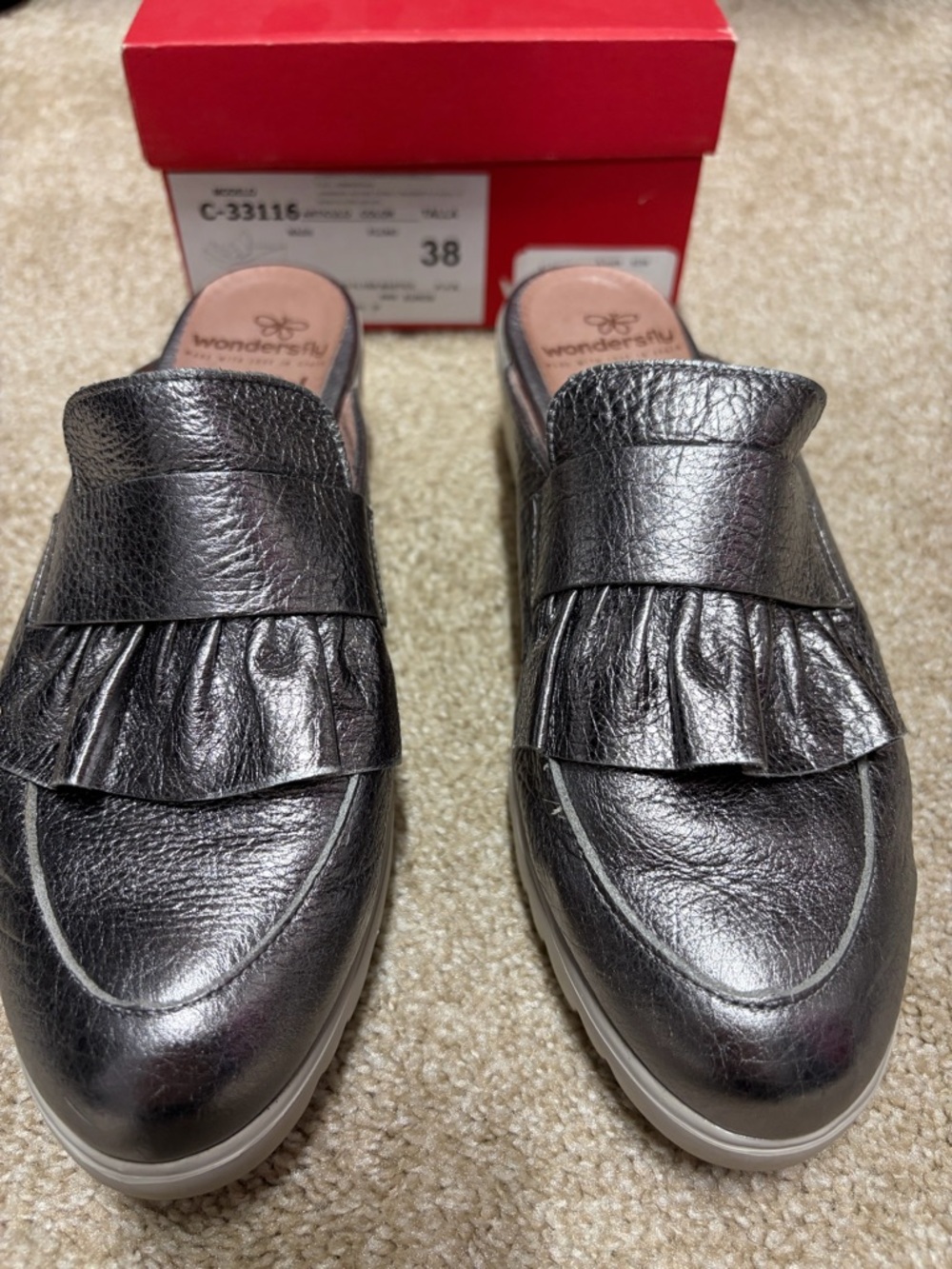 Wondersful Metallic Silver Ruffle Slip-On Mules